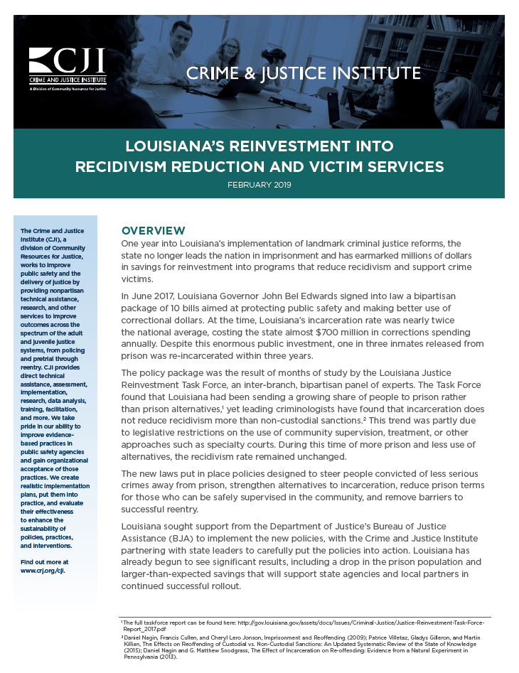 Louisiana's reinvestment into recidivism reduction and victim services front page