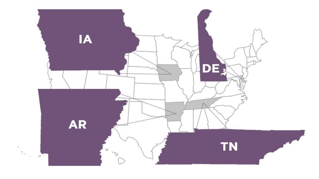 four states (IA, AR, TN, DE) on map