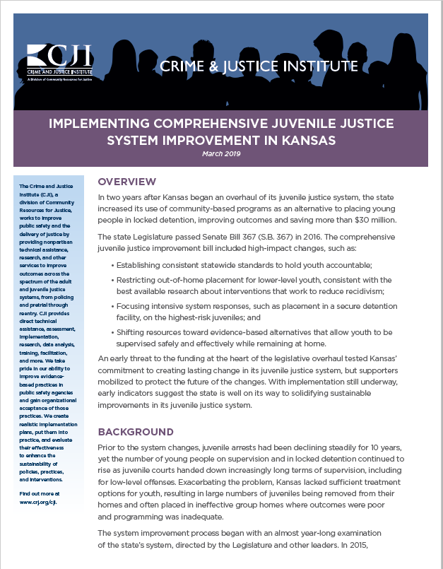 Implementing comprehensive juvenile justice system improvement in Kansas front page