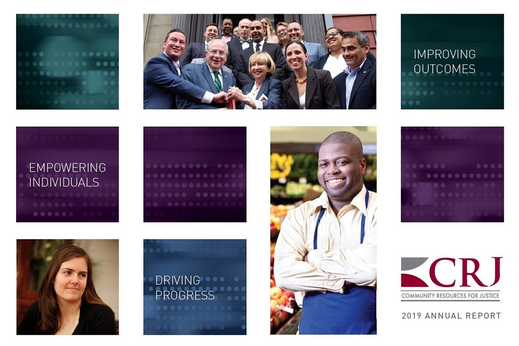 Cover of the 2019 CRJ annual report showing the title and photos of a woman's face, a man smiling, and state officials at a ribbon-cutting event