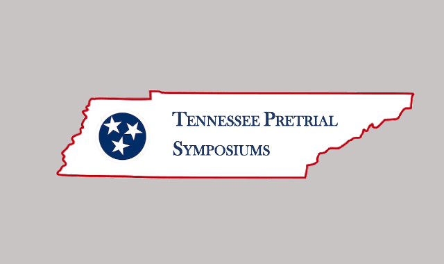 Logo for the Tennessee Pretrial Symposium series featuring three white stars in a blue circle inside the outline of the state