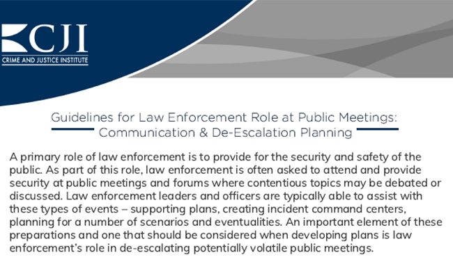 Report cover showing the title Guidelines for Law Enforcement Roel at Public Meetings