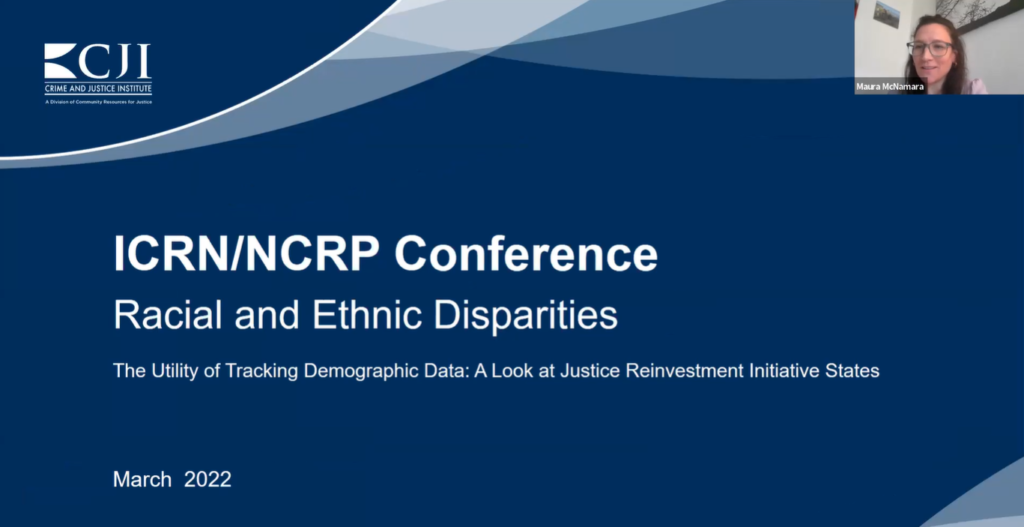 Title slide of a webinar presentation with the heading "ICRN/NCRP Conference; Racial and Ethnic Disparities