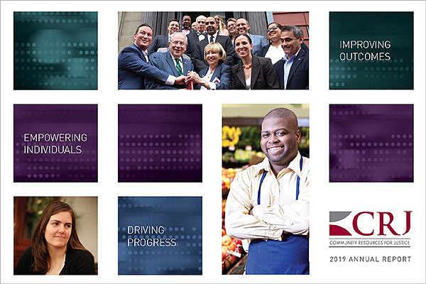 Cover of the 2019 CRJ annual report showing the title and photos of a woman's face, a man smiling, and state officials at a ribbon-cutting event