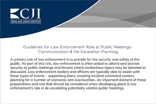Report cover showing the title "Guidelines for Law Enforcement Roel at Public Meetings: Communication & De-Escalation Planning"