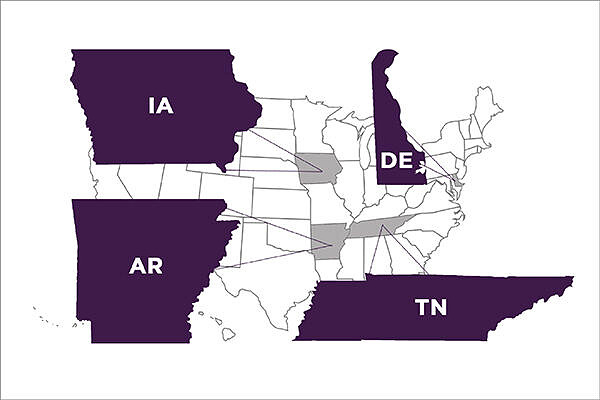 Four states (IA, AR, TN, DE) on map