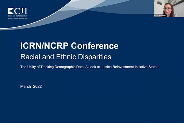 Title slide of a webinar presentation with the heading "ICRN/NCRP Conference; Racial and Ethnic Disparities"
