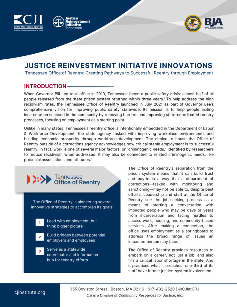 Cover of CJI's Brief, "Justice Reinvestment Initiative Innovations"