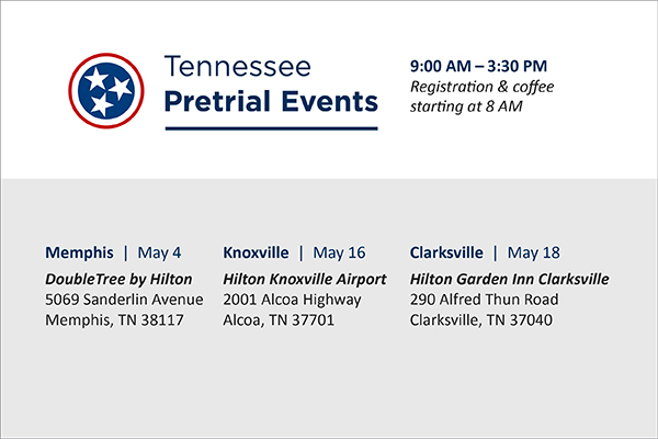 "Tennessee Pretrial Events" text header with details of the three upcoming events in May