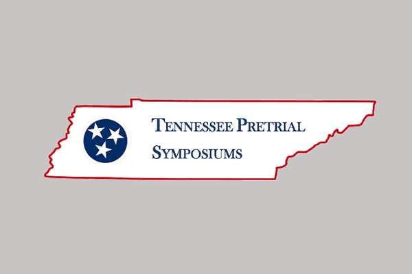 Logo for the Tennessee Pretrial Symposium series featuring three white stars in a blue circle inside the outline of the state
