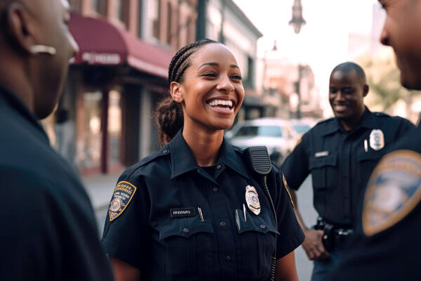 Smiling black female police officer talking to her colleagues