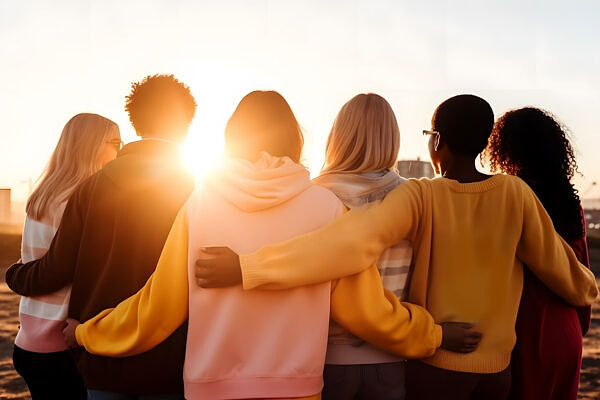 group of people from different races, dressed in vibrant clothes, hugging each other from behind on a sunny day, symbolizing the concept of support, help, and youth