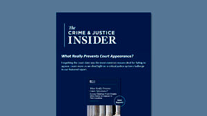 The Crime & Justice Insider mockup for quarter one. 2025. Link to full newsletter. The top half of the newsletter set against a blue background.