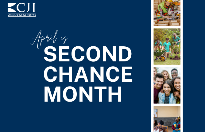 Graphic that says "April is Second Chance Month" featuring photos of people in the community.